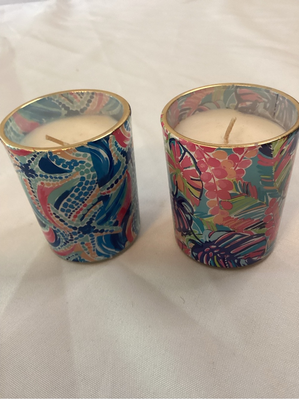 Lilly Pulitzer Tropical Pink & Blue Glass Candle Pair Vacationcore, Tropical